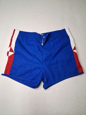 1980 Active Vintage Blue Athletic Swim Shorts with Red & White Side Panels
